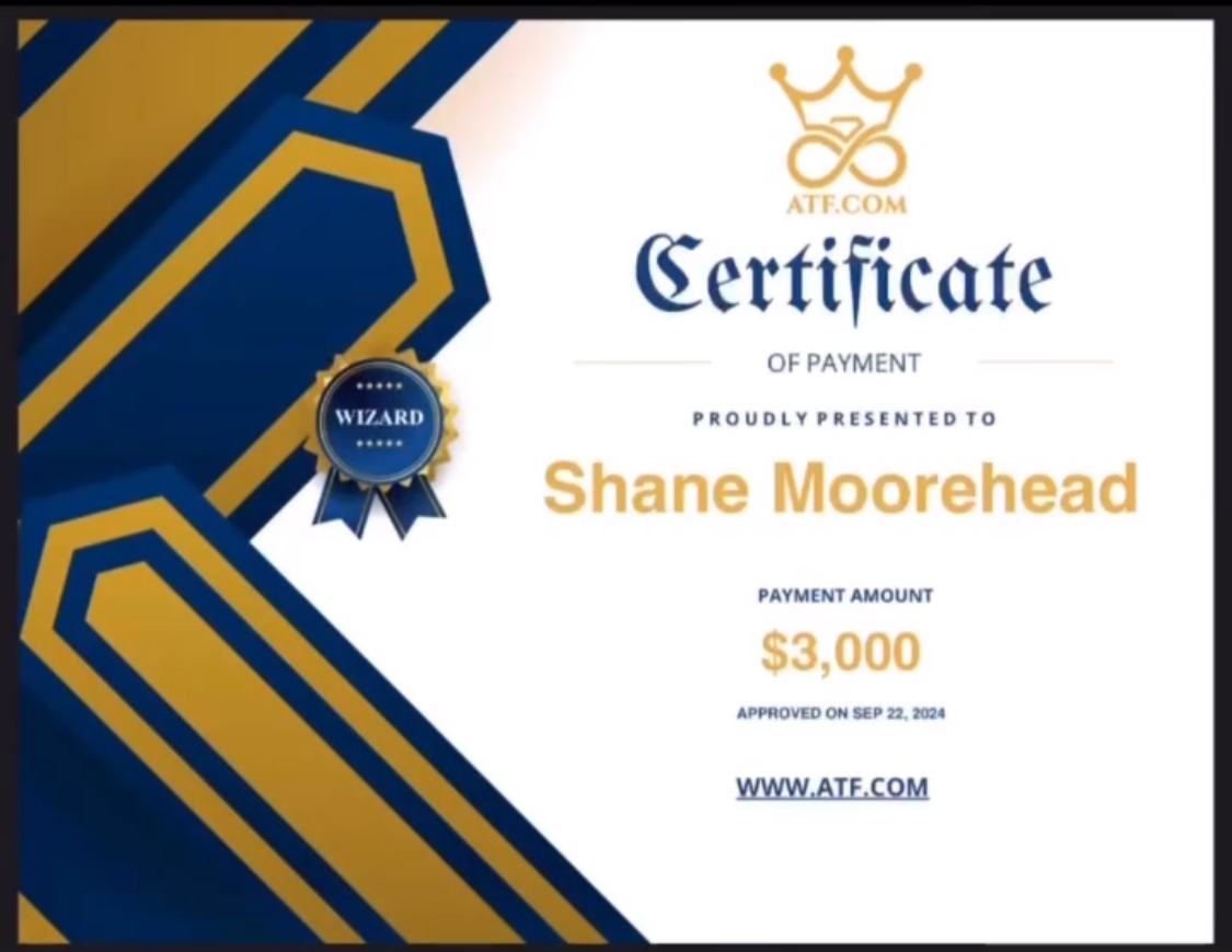 Payout confirmation of $3,000 for Shane Moorehead