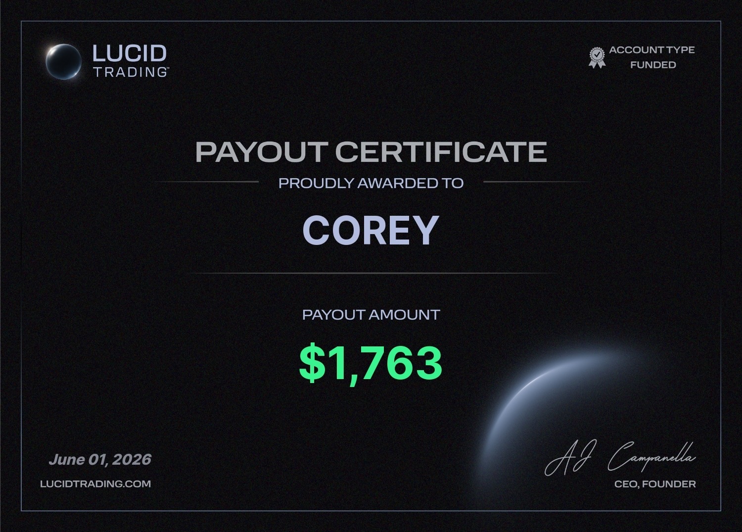 Payout confirmation of $1,763 for Corey