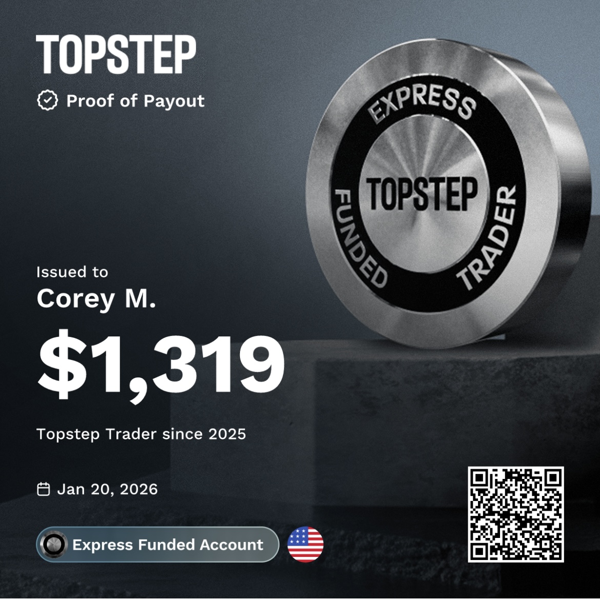Payout confirmation of $1,319 for Corey M.